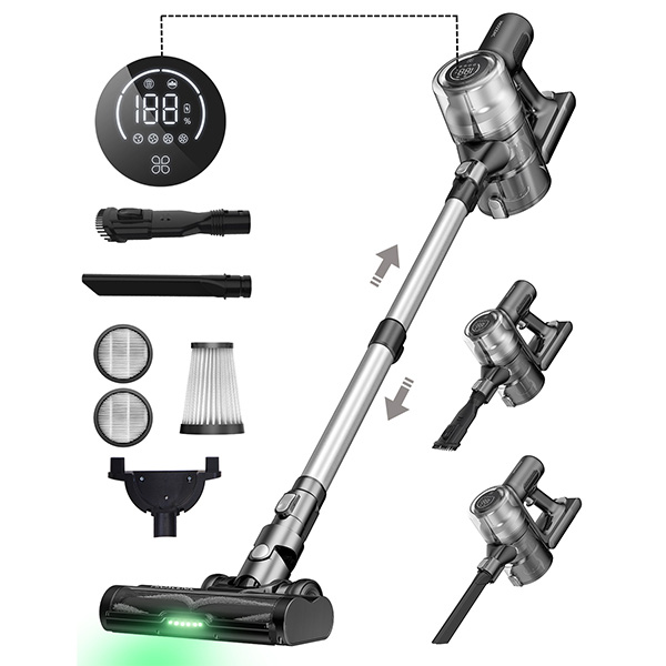 Proscenic P12 Cordless Vacuum Cleaner, Vertect Light, Anti-Tangle Brush,  Stick Vacuum with Touch Display, 33Kpa/120AW Cordless Vacuum, Max 60mins